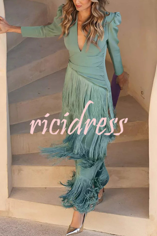 Solid Color V-Neck Long Sleeve Elegant Tassel Maxi Dress