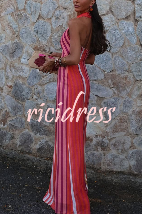 Sunset Breeze Linen Blend Colorful Stripes Cross Halter Flare Maxi Dress