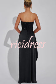 Amazing Dream Sequin Satin Patchwork Off Shoulder Ruffles Drape Slit Maxi Dress