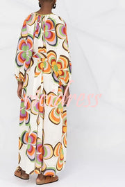 Boat Days Unique Print Balloon Sleeve Pocketed Loose Robe Maxi Dress