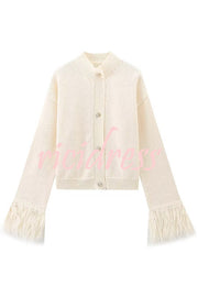 Solid Color Elegant Feather Long Sleeve Casual Knitted Cardigan