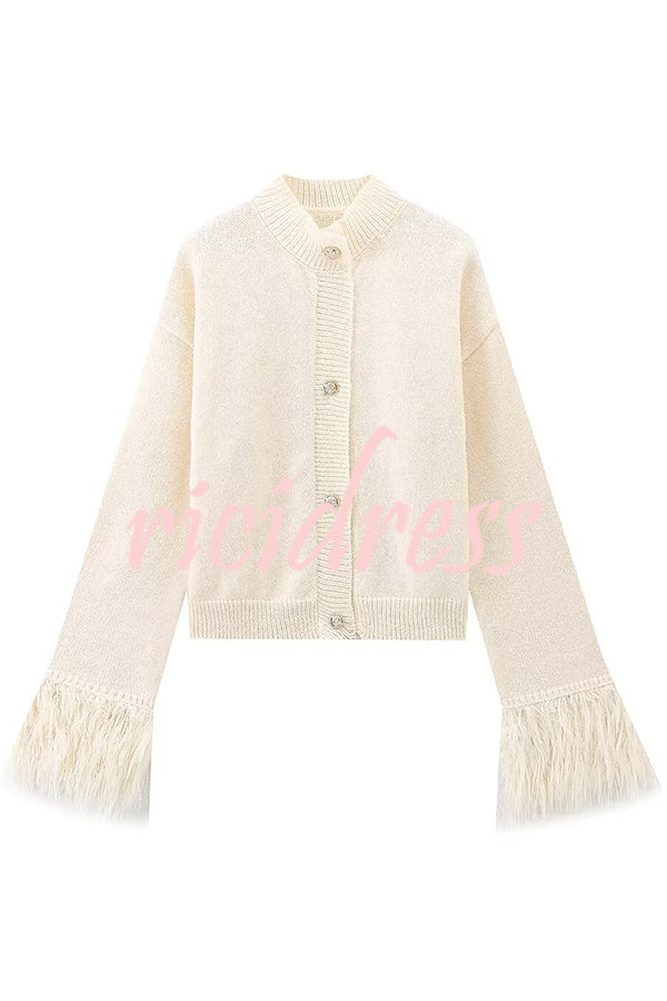 Solid Color Elegant Feather Long Sleeve Casual Knitted Cardigan