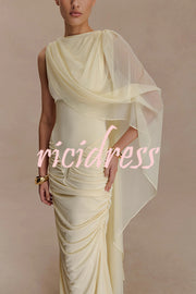 Fashionable Mesh Shawl Sleeveless Slim Fit Pleated Maxi Dress