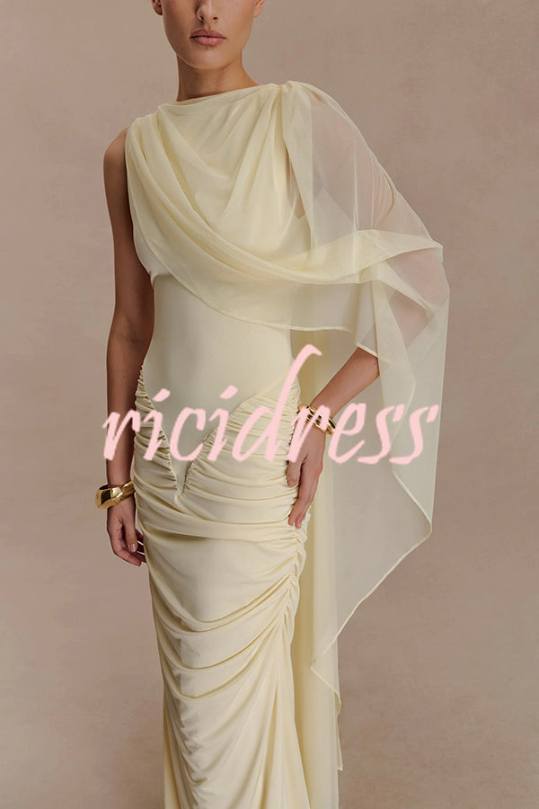 Fashionable Mesh Shawl Sleeveless Slim Fit Pleated Maxi Dress