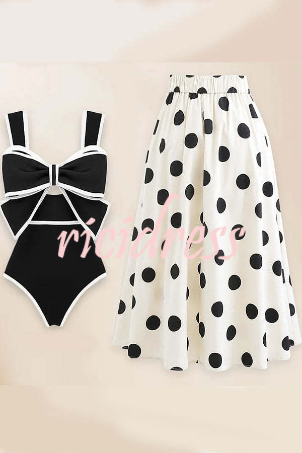 Bow Swimsuit and Elastic Waist Spotted One Piece Swimsuit + Skirt
