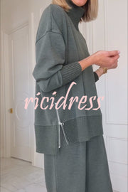 Barker High-Neck Long Sleeve Side Zipper Sweatshirt and Elastic Waist Pocketed Loose Pants Set