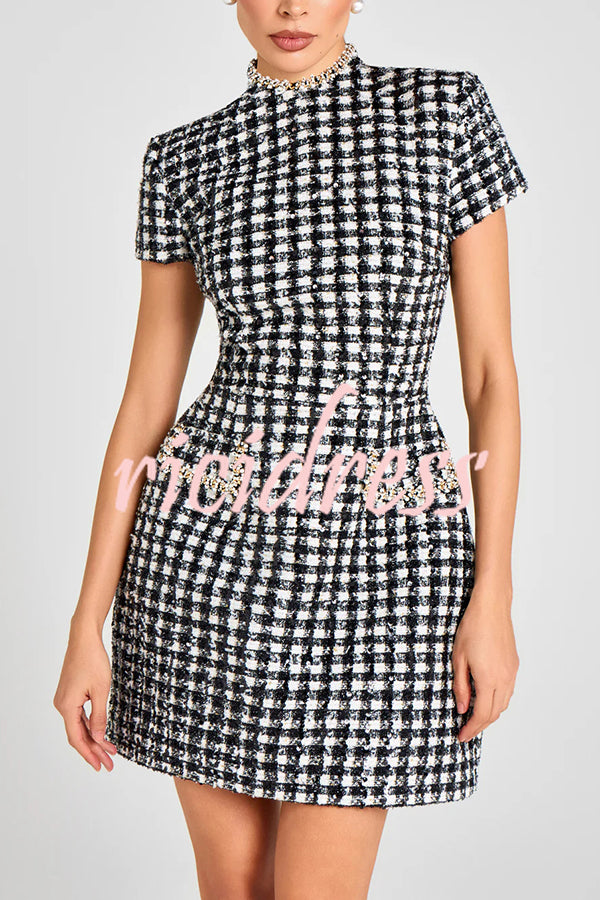 Eve Check Bouclé-tweed Fabric Pearl Trim Short Sleeve Pocketed Mini Dress