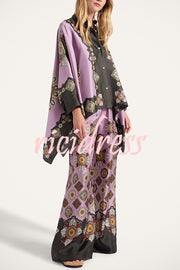 Satin Unique Print Loose Batwing Sleeve Top and Elastic Waist Pocket Casual Wide-leg Pants Set