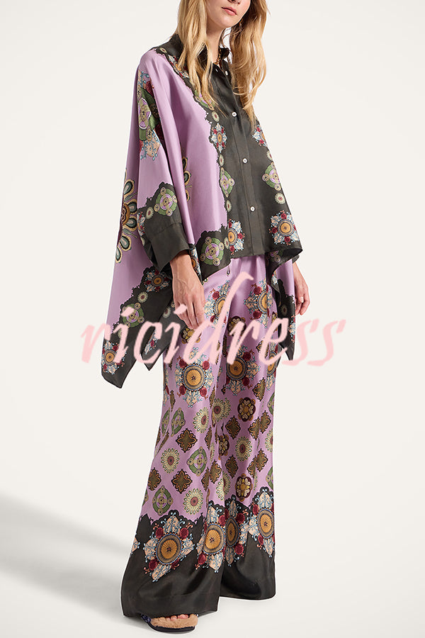 Satin Unique Print Loose Batwing Sleeve Top and Elastic Waist Pocket Casual Wide-leg Pants Set