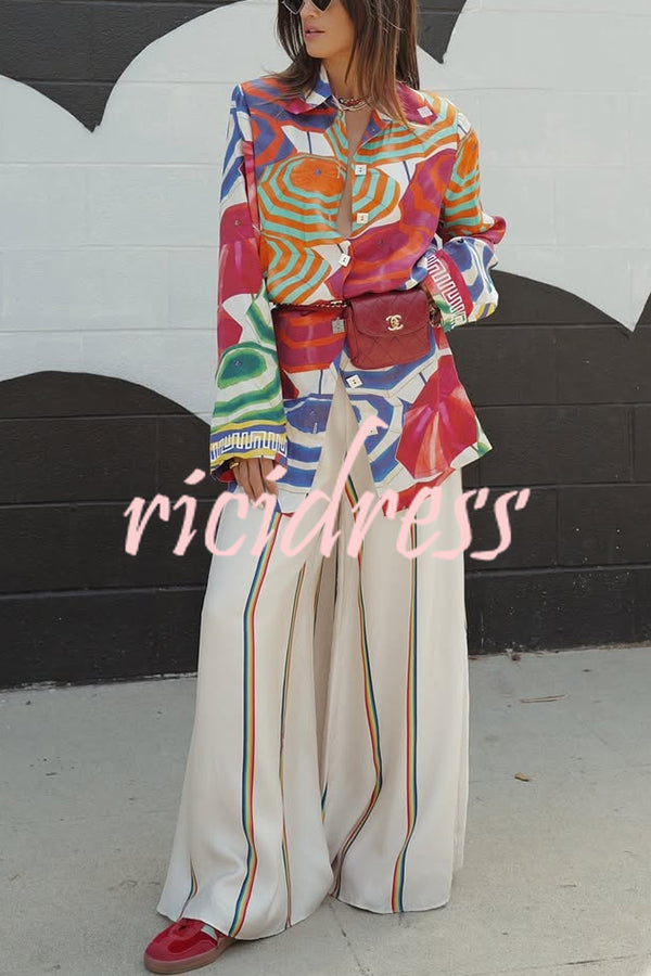 Ellah Satin Rainbow Stripe Print Drawstring Elastic Waist Pocket Wide Leg Pants