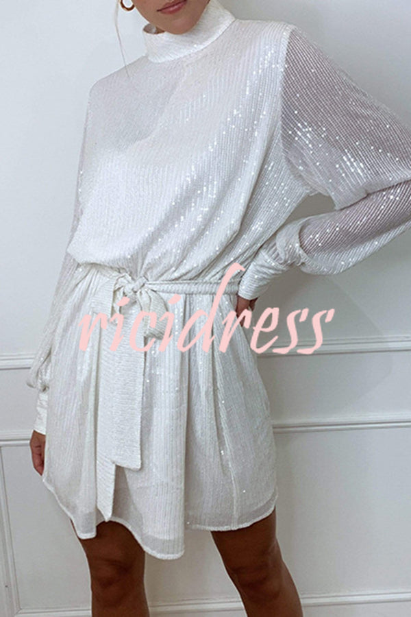 Fashionable Sequined Long-sleeved Belted Casual Mini Dress