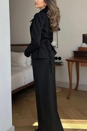 Solid Color Lapel Long Sleeve Zip Top and Casual Maxi Skirt Set