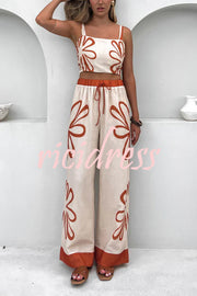 Floral Print Suspender Back Pleated Top and Elastic Waist Drawstring Pants Set