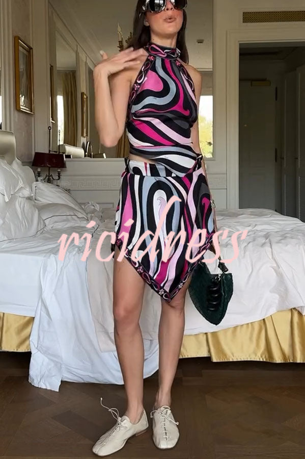 Naughty Lady Satin Unique Print Halter Tie-up Tank and Irregular Hem Mini Skirt Set