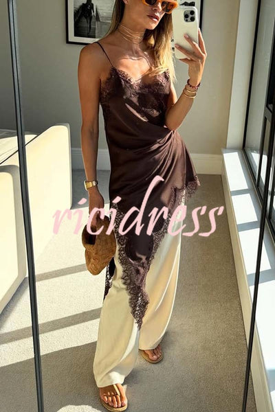 Elouise Satin Lace Trim V-neck Asymmetrical Hem Slip Mini Dress