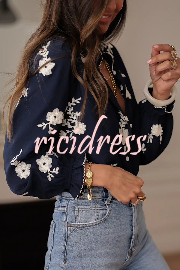 Floral Embroidery Long-Sleeved Button-Up Elegant Shirt