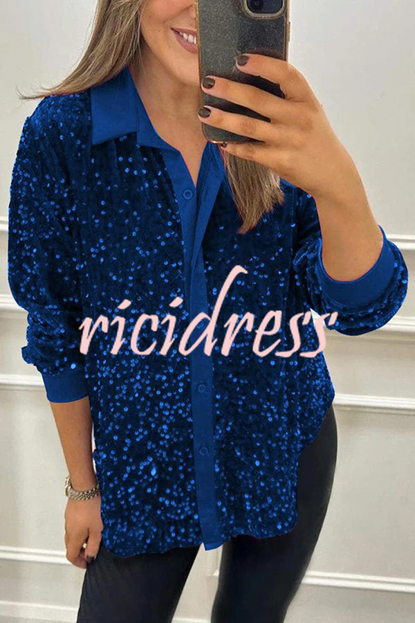 Fashion Velvet Sequined Loose Casual Long-sleeved Shirt