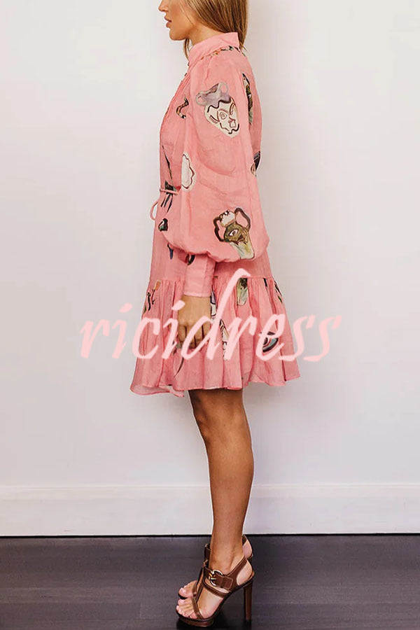 Unique Print Single Breasted Balloon Sleeve Tie Waist Ruffled Mini Dress