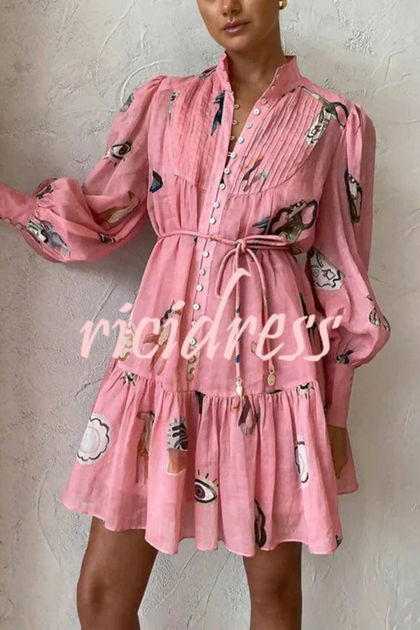 Unique Print Single Breasted Balloon Sleeve Tie Waist Ruffled Mini Dress