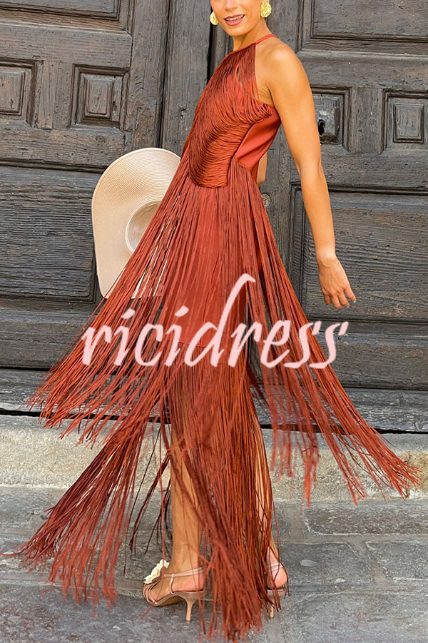 Fashion Sleeveless Halter Neck Elegant Tassel Slim Maxi Dress