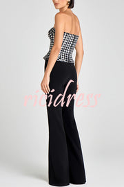 Maya Check Bouclé-tweed Fabric Sweetheart Neck Gold Button Strapless Tank