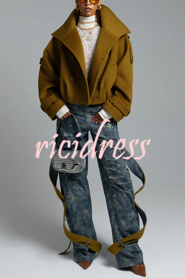 Ellie Epaulettes Stand Neck Double-Breasted Pocket Cropped Loose Woolen Coat