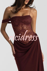 Sexy See-Through Lace Suspender Slim Slit Maxi Dress