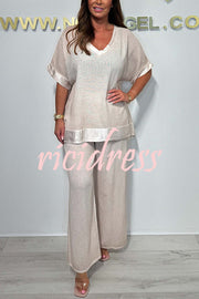 Fashionable V-neck Short-sleeved Loose Top and Elastic Waist Casual Wide-leg Pants Set