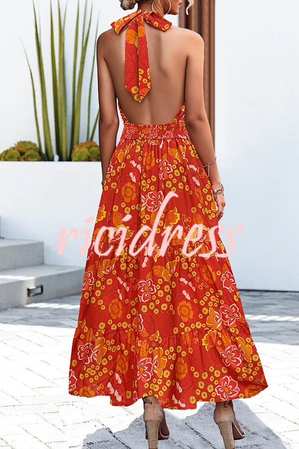 Floral Print Halter Neck Paneled Hollow Pleated Backless Maxi Dress