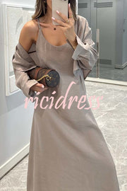 Modern Comfort Long Sleeve Shirt and Slip Loose Midi Dress Two Piece Set
