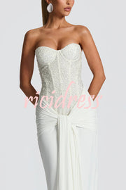 Carina Sequined and Satin Jersey Off Shoulder Ruched Knot Drape Maxi Dress