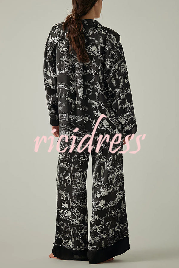 Unique Printed Lounge Long-sleeved Shirt and Elastic Waisted Baggy Pants Set