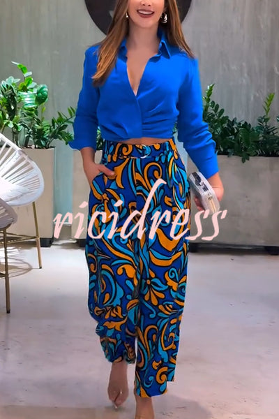 Ocean Heart Linen Blend Printed Ruched Hem Blouse and Belted High Rise Pocket Loose Pants Set