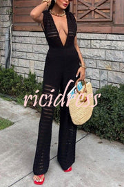 Solid Color Knitted V-neck Holiday Hollow Casual Jumpsuit