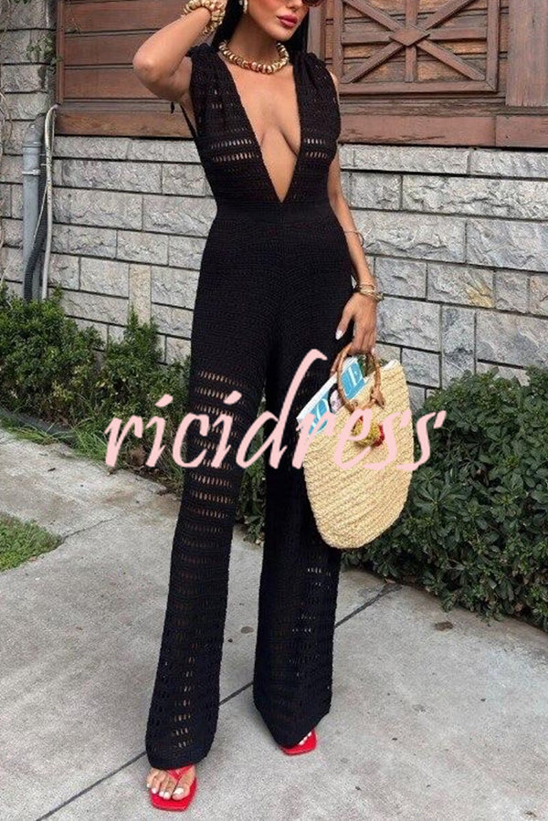 Solid Color Knitted V-neck Holiday Hollow Casual Jumpsuit