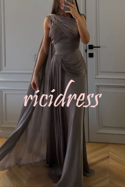 Solid Color Satin Sleeveless Waist Elegant Pleated Ribbon Maxi Dress