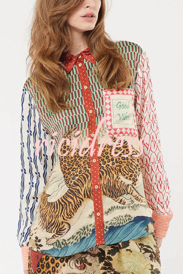 Tropical Jungle Tiger Unique Print Long Sleeve Loose Shirt and Elastic Waist Pants Set