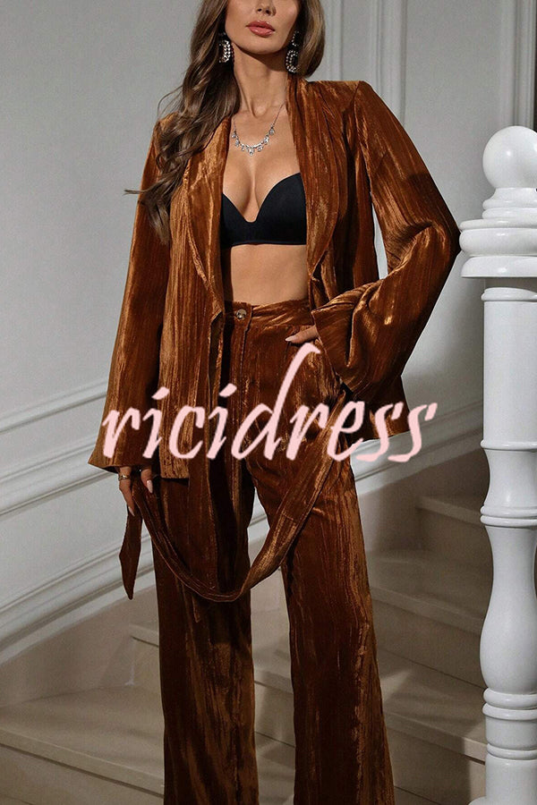 Solid Color Velvet Pleated Long-sleeved Tie Top and Casual Pocket Straight-leg Pants Set