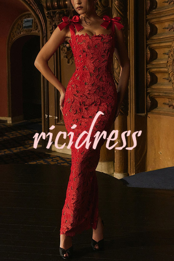 Holiday Intimacy Embroidered Floral Lace Bow Shoulder Straps Slit Maxi Dress