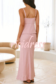 Solid Color Halter Button-Down Top and Elegant Fitted Maxi Skirt Set