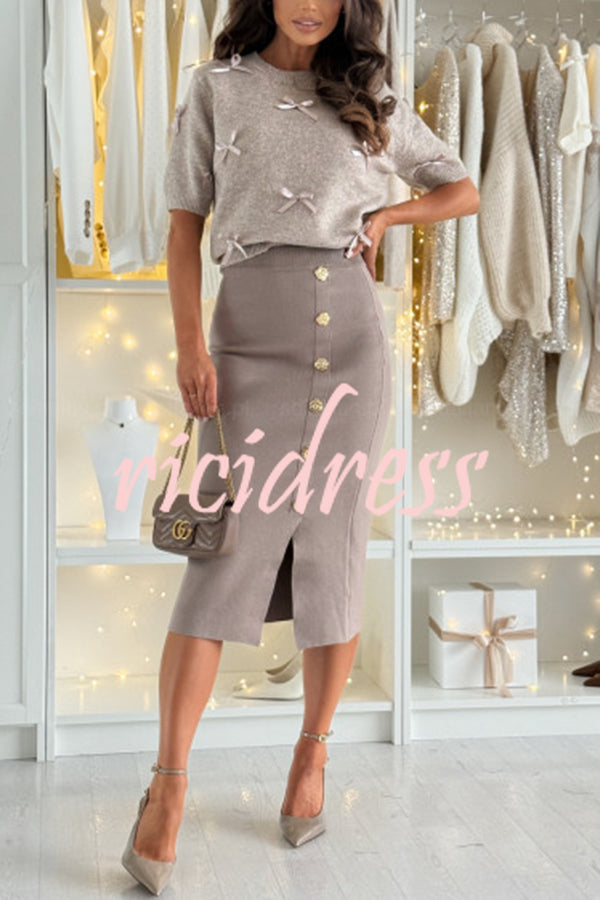 Light The Night Knit Satin Bow Detail Short Puff Sleeve Sweater