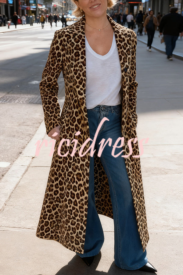 Leopard Print Long Sleeve Pocket Casual Maxi Trench Coat