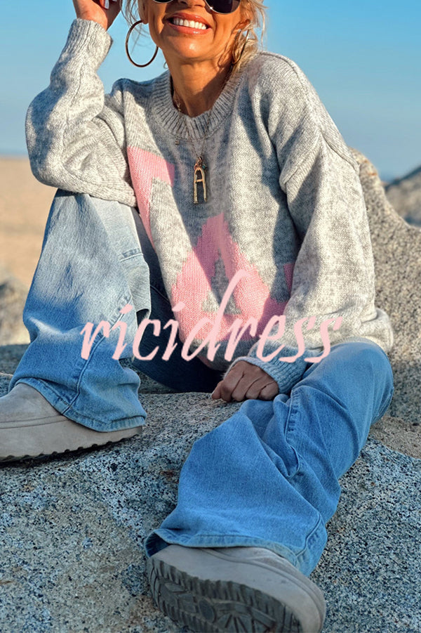 Letter Pattern Crew Neck Long Sleeve Loose Knit Sweater