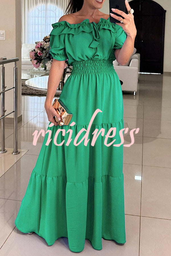 Admit Your Feelings Off Shoulder Smocked Waist Maxi Dress