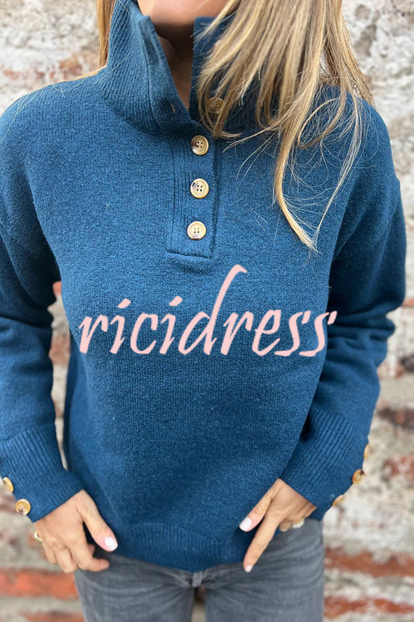 Solid Color High Collar Button Loose Long Sleeve Knitted Sweater