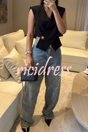 Fashion Star Rhinestone High Rise Casual Pocket Straight Loose Jeans