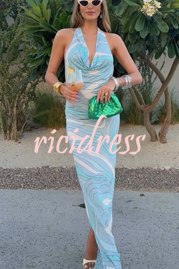 Caralyn Unique Print Halter Cowl Neck Slit Stretch Maxi Dress