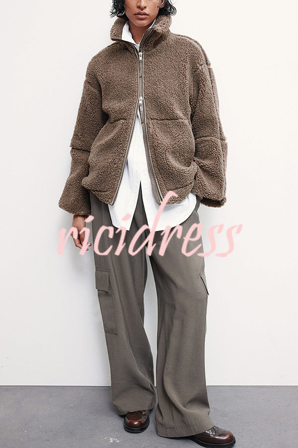 Solid Color Stitching High Collar Long Sleeve Loose Pocket Woolen Coat