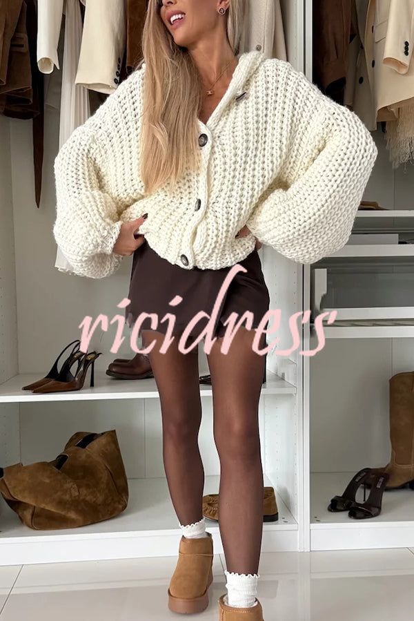 Warm Day Knit Button Up Long Balloon Sleeve Hooded Loose Cardigan