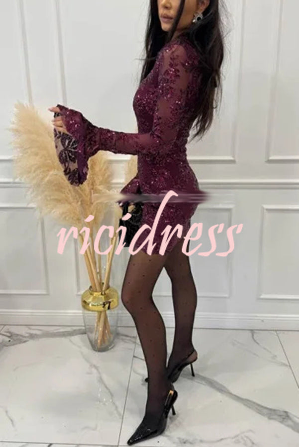 Deep and Dazzling Floral Texture Sequin Long Bell Sleeve Open Back Mini Dress